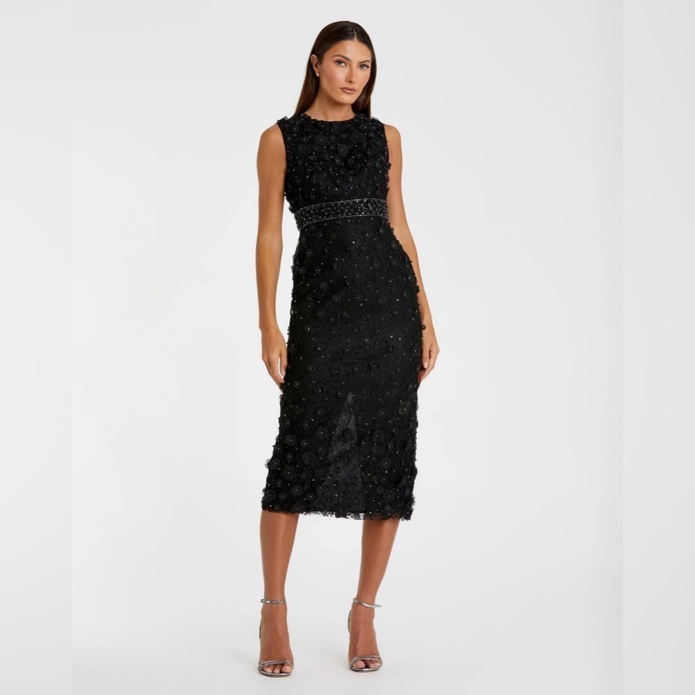 Mac Duggal Black Floral Appliqu Sleeveless Midi Dress 2